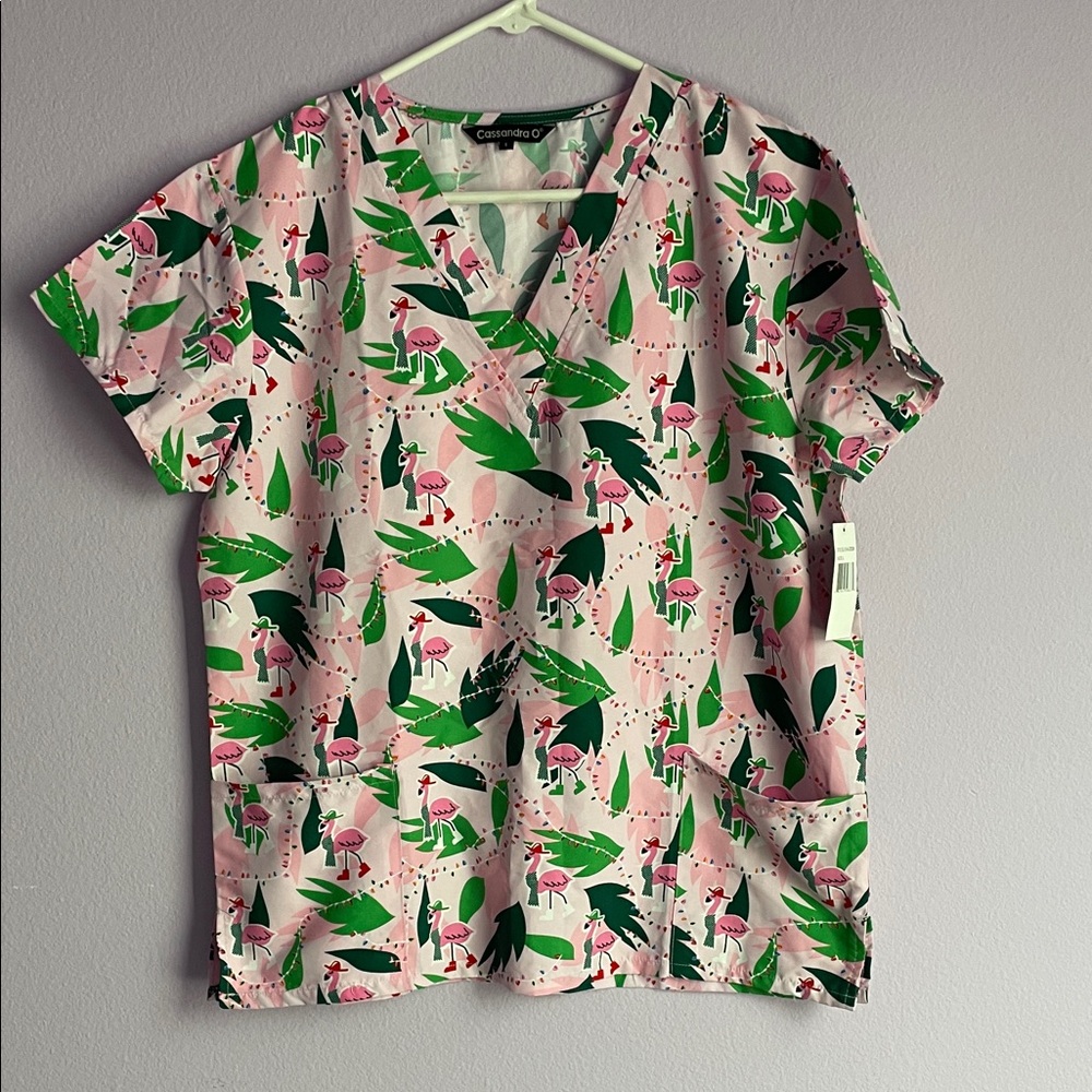 Women’s new with tags, flamingo holiday inspired, scrub top large